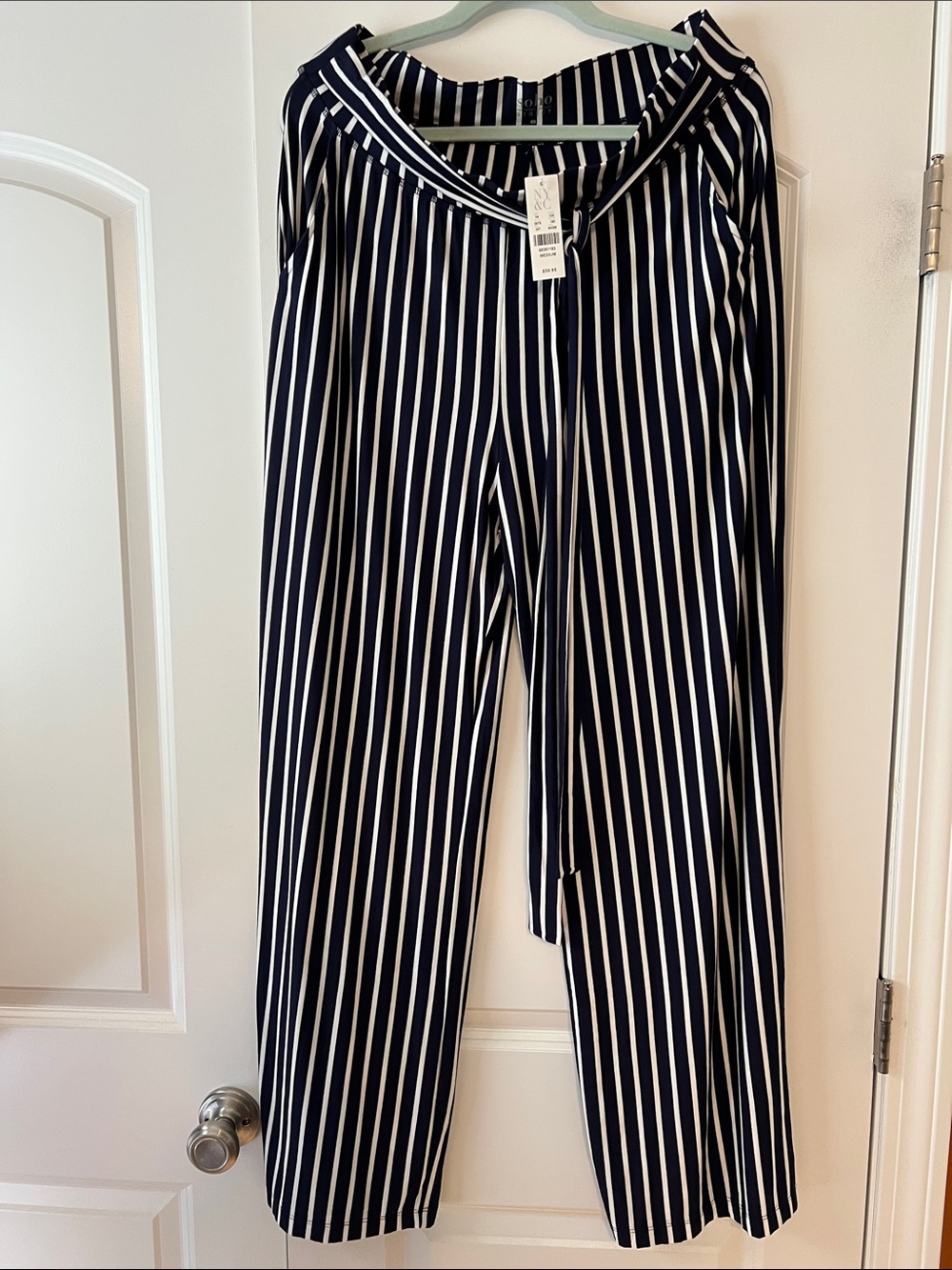 Soho Navy & White Vertical-Stripe Wide-Leg Drawstring Trousers